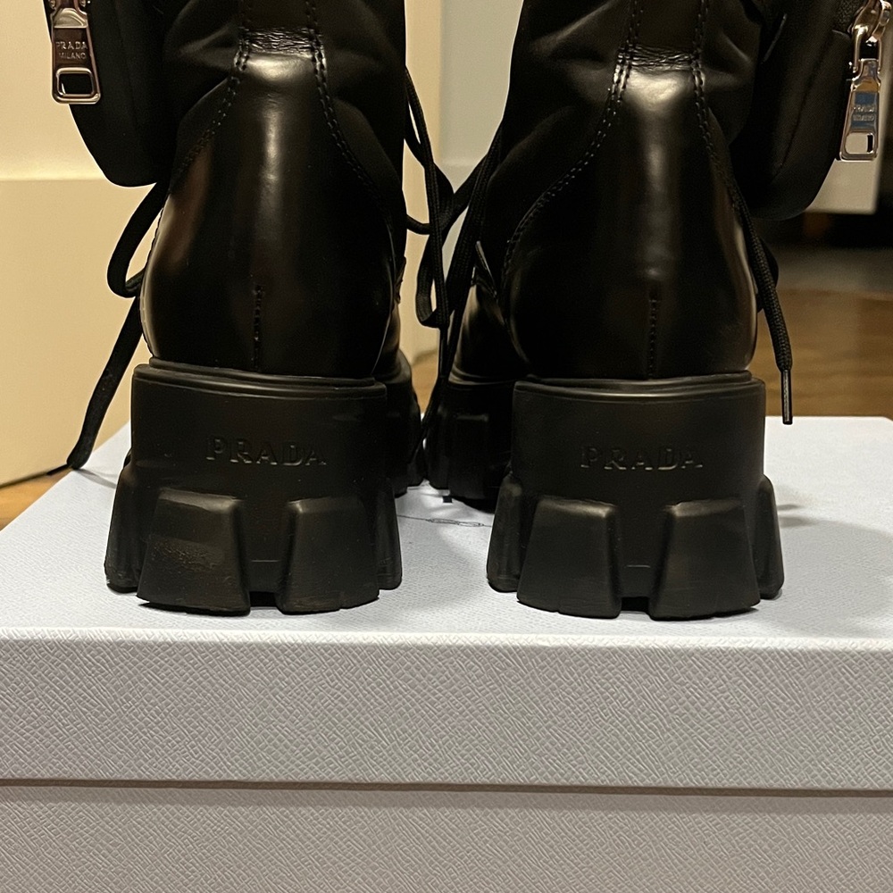 Prada Monilith Black Leather Combat Boots - Picture 5 of 11